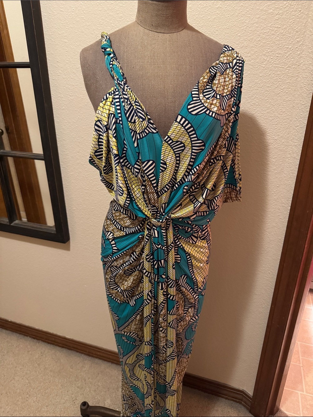 T Bag Los Angeles Teal & Yellow Knot-Front Maxi Dress